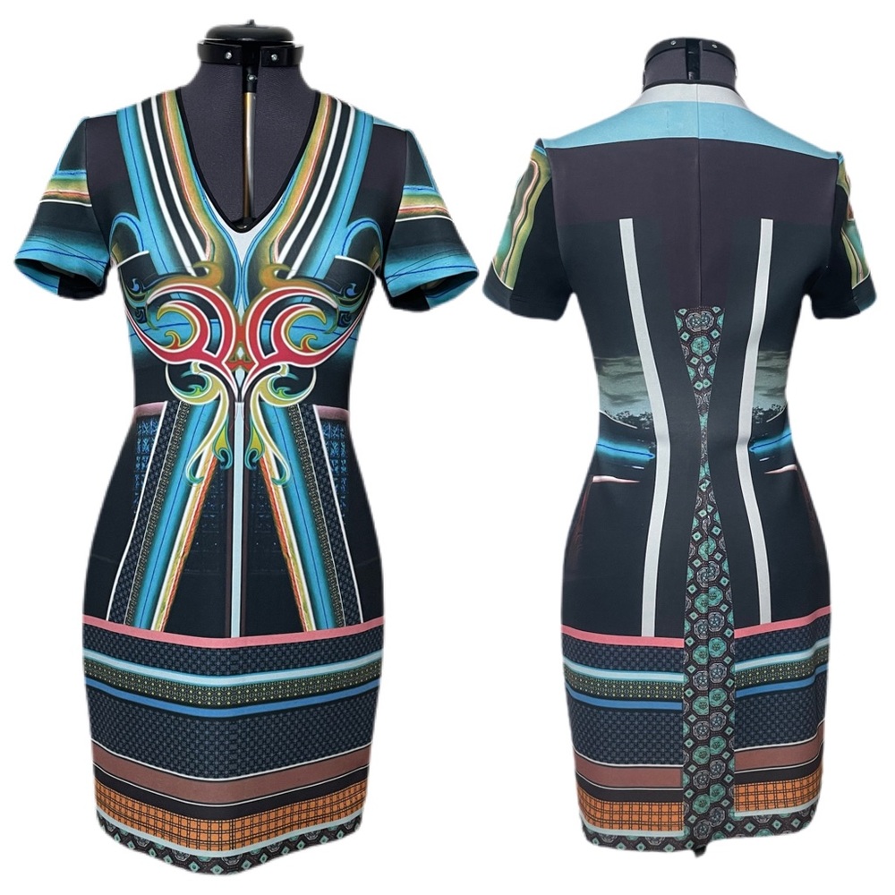 Clover Canyon Printed Short Sleeve V-neck Scuba Mini Sheath Dress